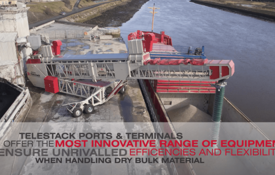 Image of Telestack Ports and Inland Terminals with text 'Telestack Ports & Terminals Offer The Most Innovative Range Of Equipment To Ensure Unrivalled Efficiencies and Flexibility When Handling Dry Bulk Material