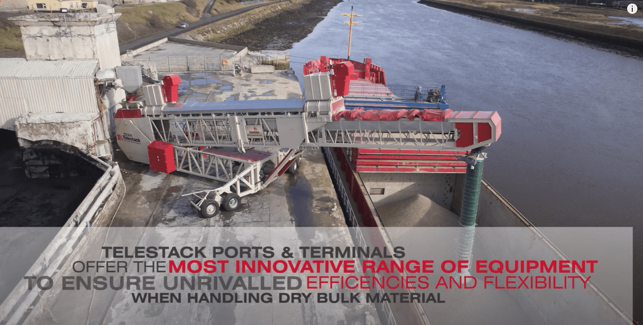 Image of Telestack Ports and Inland Terminals with text 'Telestack Ports & Terminals Offer The Most Innovative Range Of Equipment To Ensure Unrivalled Efficiencies and Flexibility When Handling Dry Bulk Material